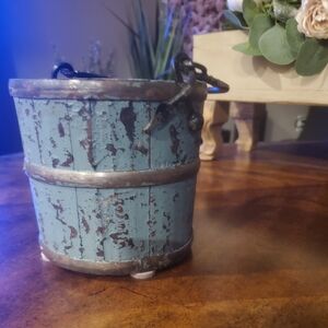 Rustic Blue Wood Bucket W/Wrought Iron Decorative Handle